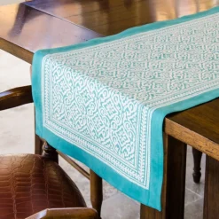 Clearance Block Print Table Runner 16″ x 90″ – Jaipur Aqua Linens