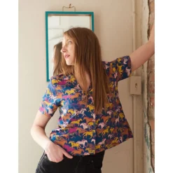 Online Camp Shirt Blue Horses Women Tops & Tunics | Women’s Sale