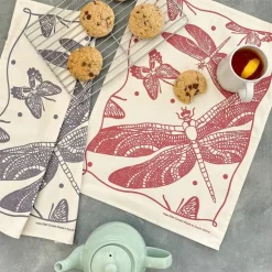 Online Cotton Tea Towel Butterflies and Dragonflies Roasted Red Linens | Bread Warmer Baskets