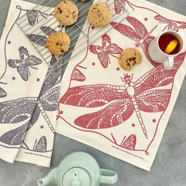 Online Cotton Tea Towel Butterflies and Dragonflies Roasted Red Linens | Bread Warmer Baskets