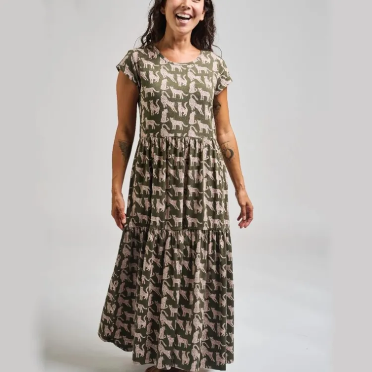 Clearance Tiered Jersey Dress Leopard Green Dresses