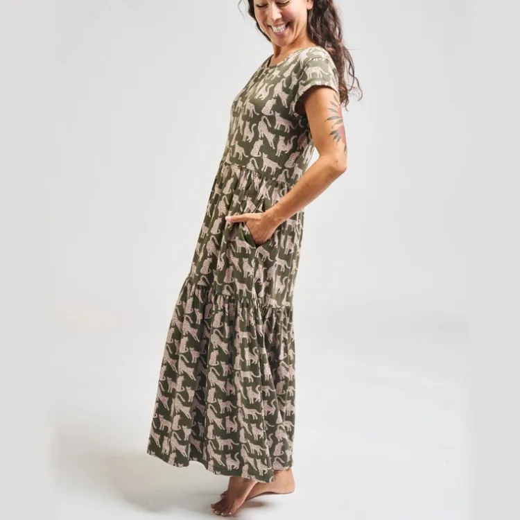 Clearance Tiered Jersey Dress Leopard Green Dresses