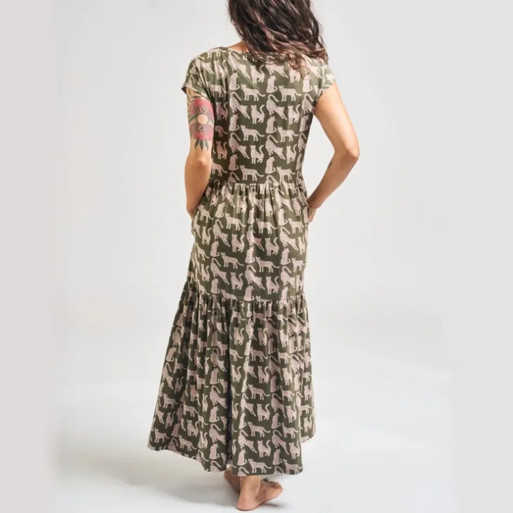 Clearance Tiered Jersey Dress Leopard Green Dresses