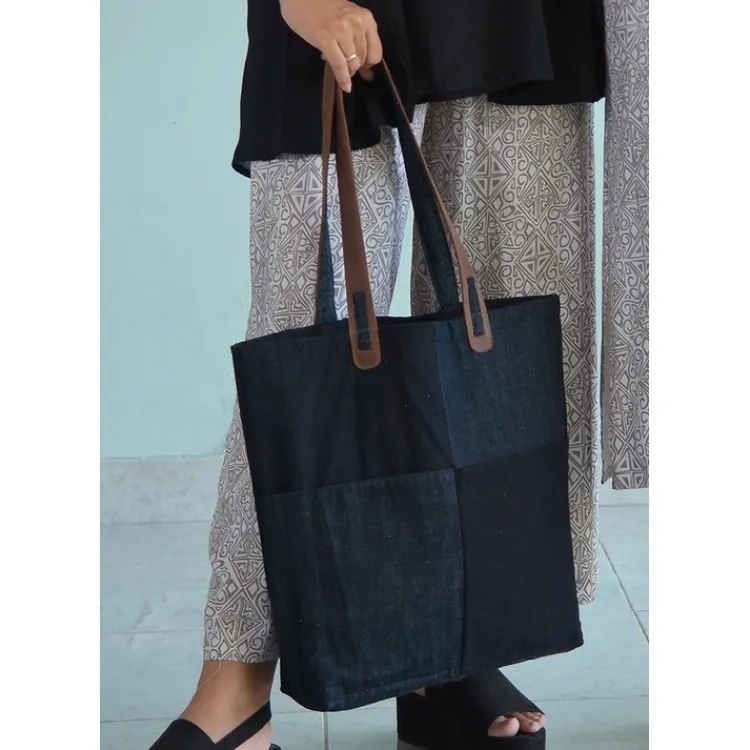 Clearance Upcycled Overdyed Tote with Leather Straps Bags